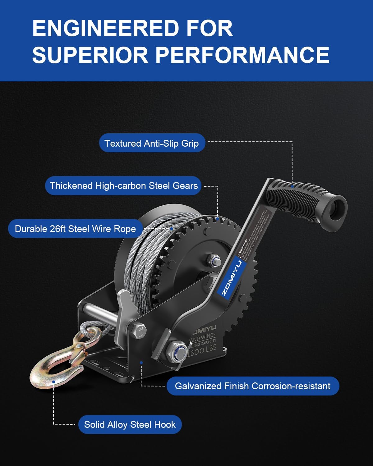 Boat Trailer Winch 1600lb, Portable Hand Crank Winch with 26FT Steel Cable, 2-Way Ratchet 4:1 Gear Ratio for Boat, ATV, Jet Ski, Marine Towing - Image 3
