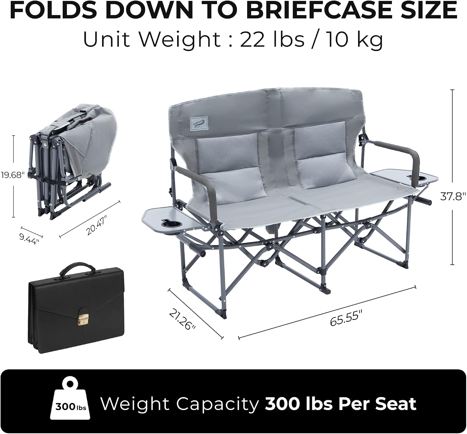 Camphor Designs Oversized Double Portable Folding Director’s Loveseat Chair with Padded Backrest, Side Table | Outdoor Sports, Beach, Lawn, Hunting, Tailgating, Fishing| Supports 300 Lbs/Seat - Image 2