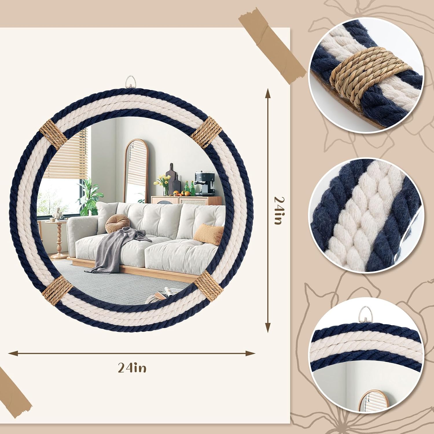 Vercraft Nautical Coastal Mirror 24 Wall Decor with Rope Wrapped Trim and Hanging Loop Round Circle Nursery Mirror Nautical Boho Rustic Decorative for Living Room, Bedroom Blue and White - Image 2