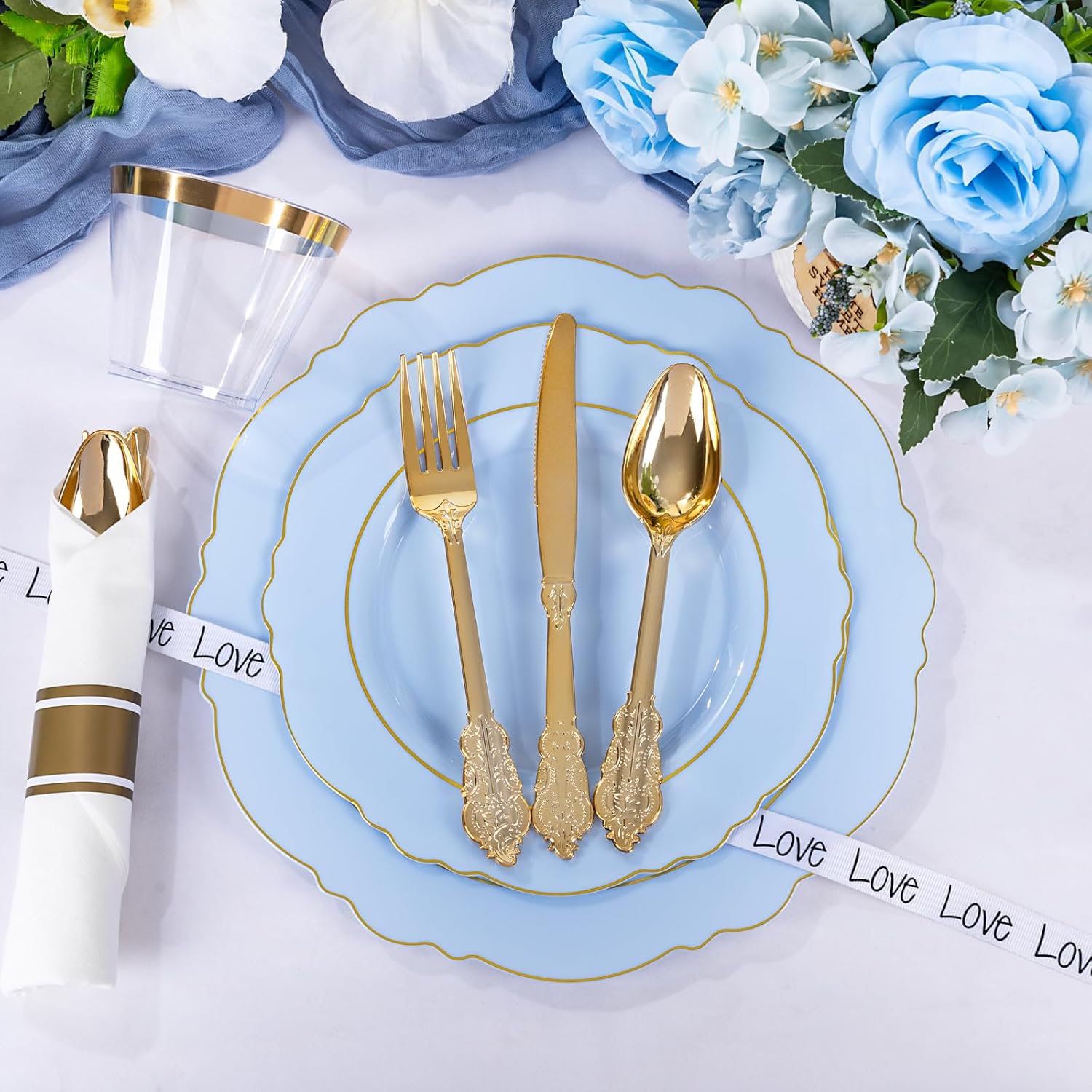 Liacere 350PCS Blue Plastic Plates - Disposable Blue and Gold Plates 50guest Baroque Plastic Dinnerware include 100Plates, 50Pack Pre Rolled Napkins with Silverware 50Cups for Wedding&Party - Image 6