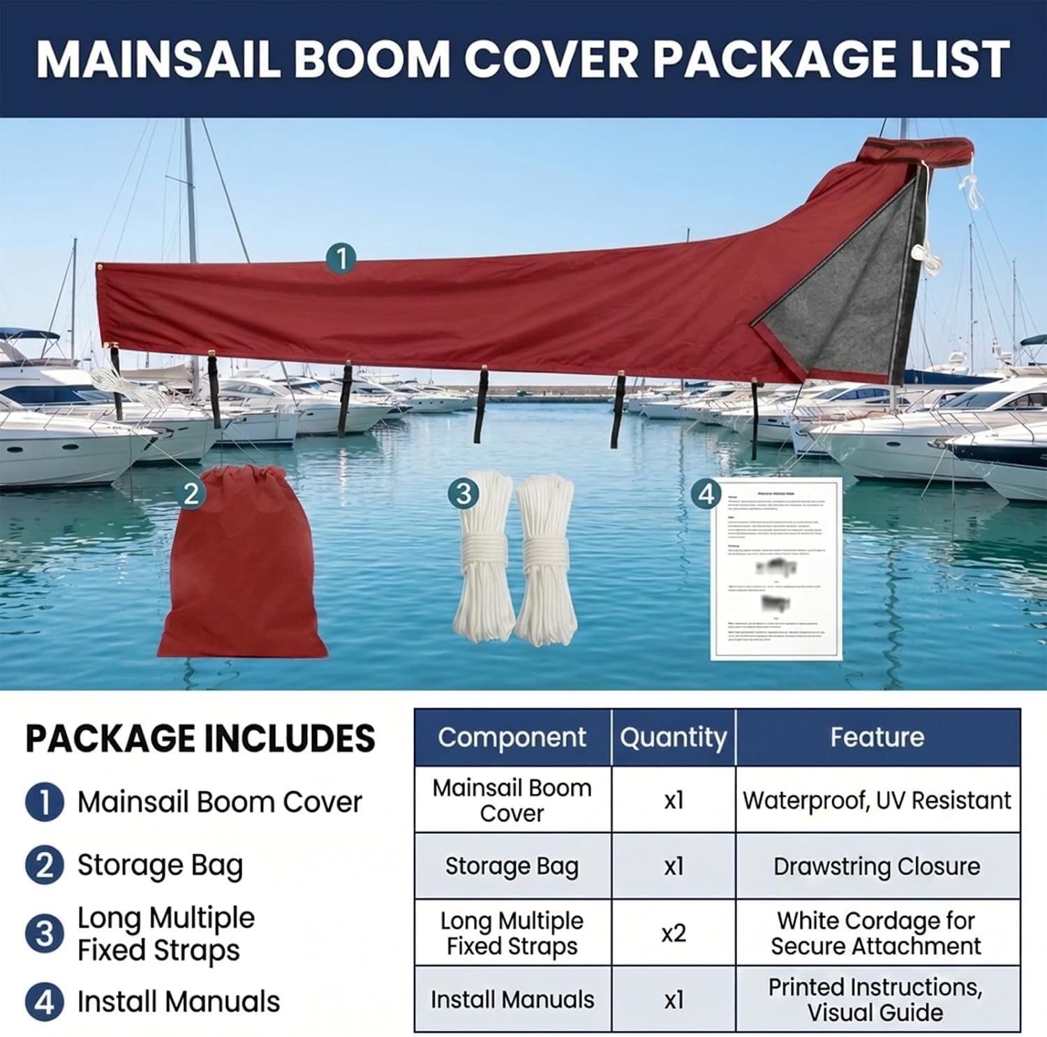 Mainsail Boom Cover for Sailboats, 1200D Waterproof UV-Resistant Sailboat Mainsail Cover, Waterproof, Heavy Duty Sailboat Boom Cover Fits 10-11 ft Boom, Burgundy - Image 6