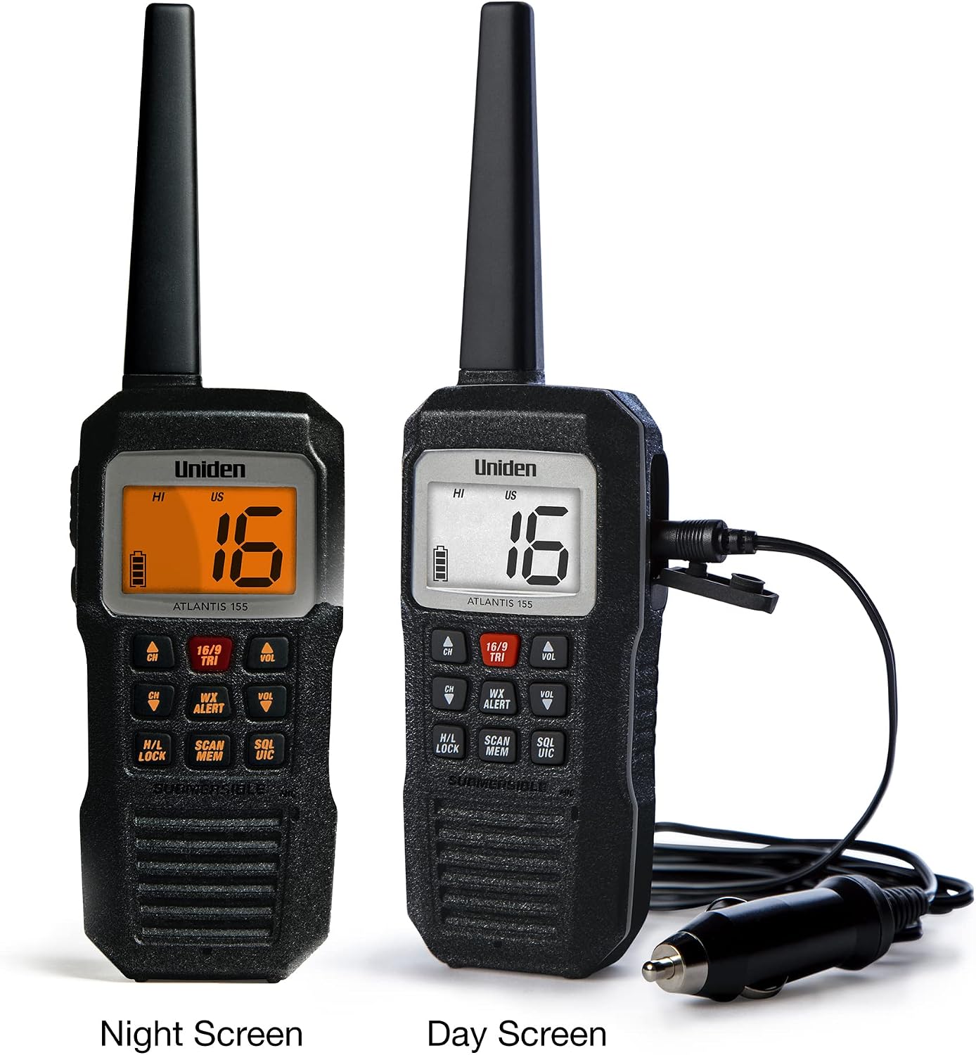 Uniden Atlantis 155 Handheld Two-Way VHF Marine Radio, Floating IPX8 Submersible Waterproof, Dual-Color Screen, All USA/International/Canadian Marine Channels, NOAA Weather Alert, 10 Hour Battery - Image 2