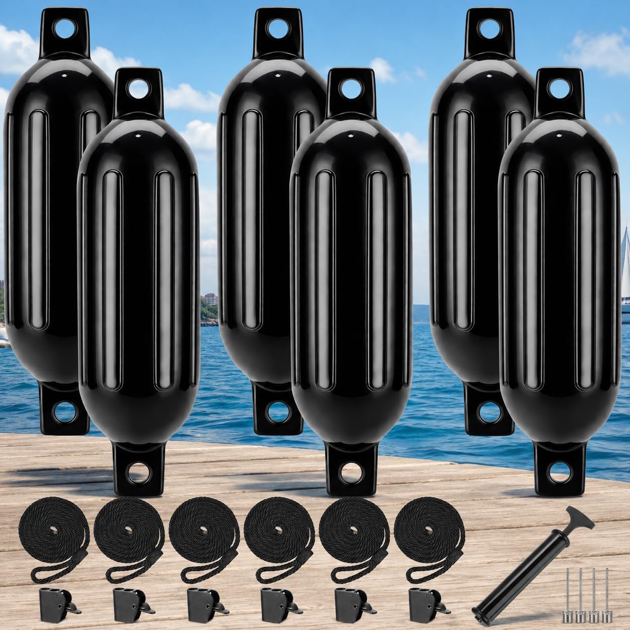 Black Boat Fenders for Docking 5.5."/6.5"/8.5" Inflatable Ribbed Marine Boat Fender with Fender Lines 6.5ft, Stainless Steel Fender Hanger Clips