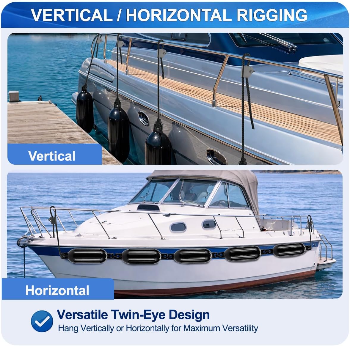 Black Boat Fenders for Docking 5.5."/6.5"/8.5" Inflatable Ribbed Marine Boat Fender with Fender Lines 6.5ft, Stainless Steel Fender Hanger Clips - Image 5