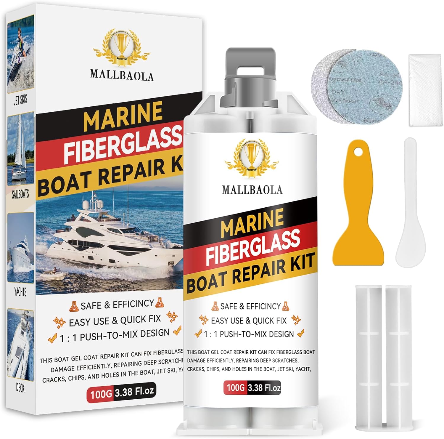 Marine Fiberglass Repair Kit for Boats, Gel Coat Repair Kit for Boats, Epoxy Filler for Fiberglass Boats Fix Holes, Chips and Deep Cracks, Gelcoat repair kit for Fiberglass, Acrylic, Porcelain(White)