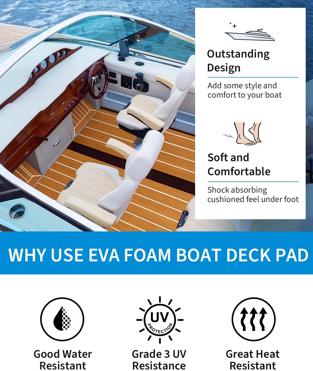 OCEANBROAD EVA Foam Boat Flooring with 3M Adhesive Backing Marine Self-Adhesive Decking 96''x45.6''/36''/28.8''/16.8'', 48''x16.8'' Faux Teak Sheet for Jon Boats Swim Platform Helm Pad RV Floor | Double-layer, Non-Slip, 6 mm Thick Eva Foam, Multiple Sizes and Colors, Easy to Install, For Marine Decking - Image 4