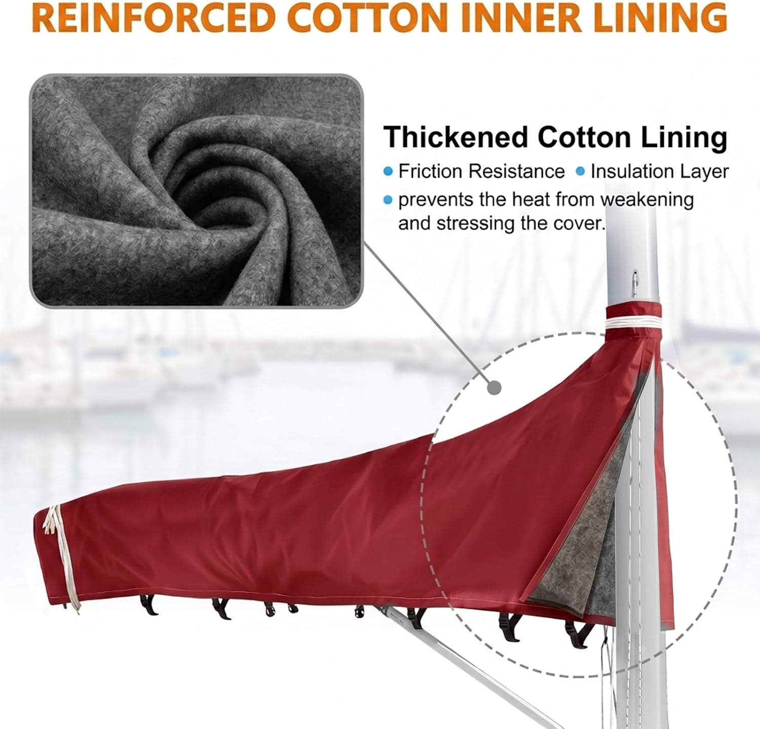 Mainsail Boom Cover for Sailboats, 1200D Waterproof UV-Resistant Sailboat Mainsail Cover, Waterproof, Heavy Duty Sailboat Boom Cover Fits 10-11 ft Boom, Burgundy - Image 4