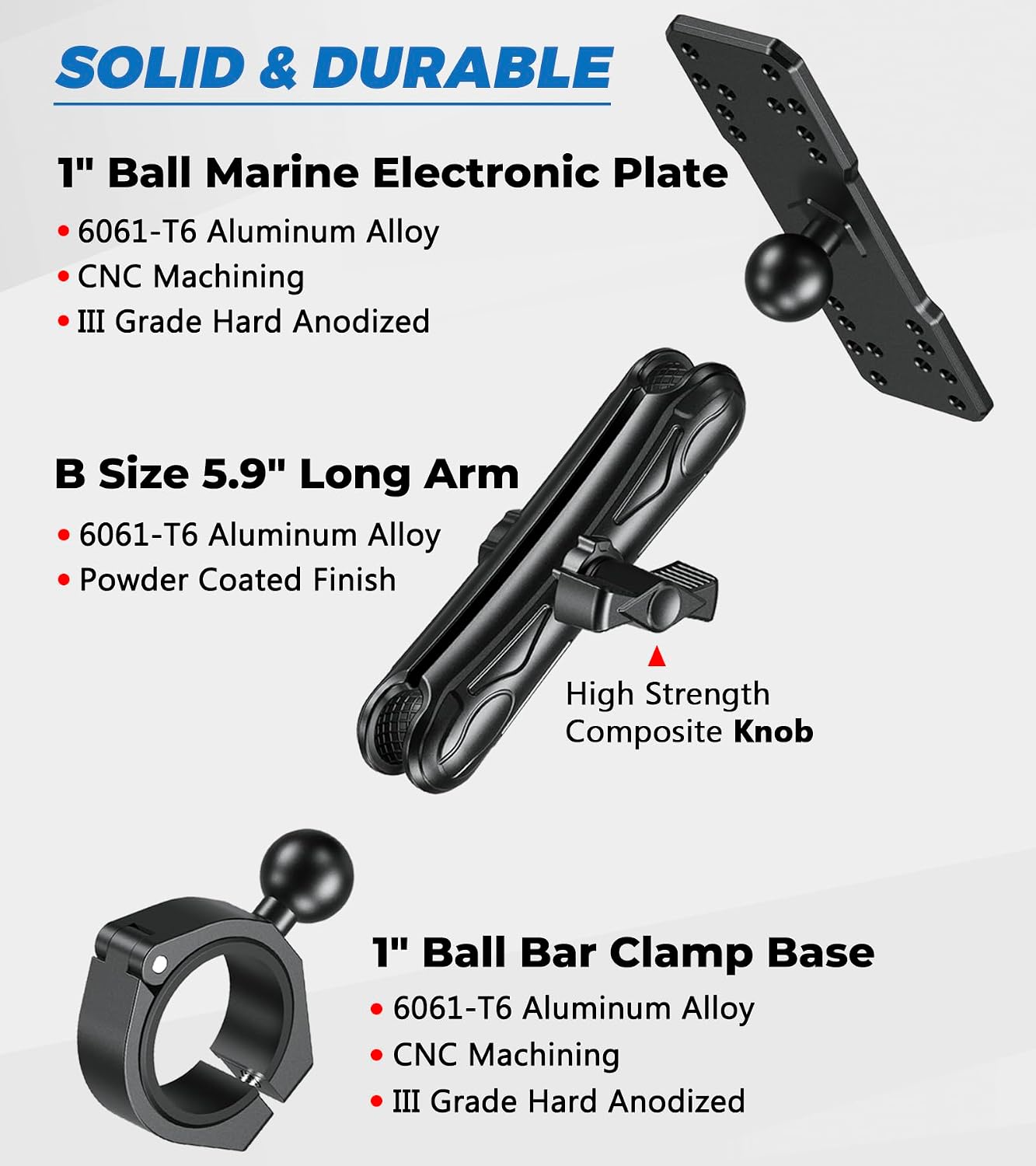 VAZESWIN Aluminum Alloy 1" Ball Fish Finder Mount, 5.9" Long Arm Marine Electronic Mount with Bar Clamp Base, Fit 1.5" 1.65" 1.75" 1.85" 2" Round Rail, for Garmin, Lowrance, Humminbird, Raymarine - Image 2