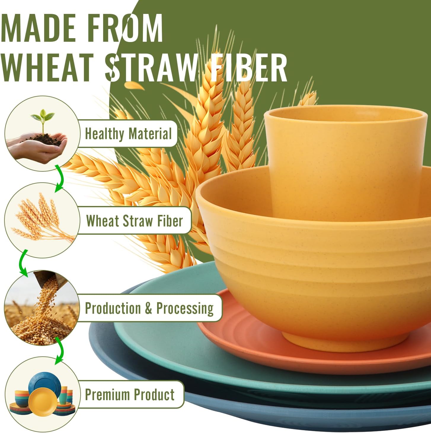Wheat Straw Dinnerware Set 40 PCS - Service for 8 | Plates and Bowls Sets | Unbreakable Dishes Set - Dinner Plates, Dessert Plate, Cereal Bowls, Drinking Glasses, Dishwasher Safe - Multi - Image 9