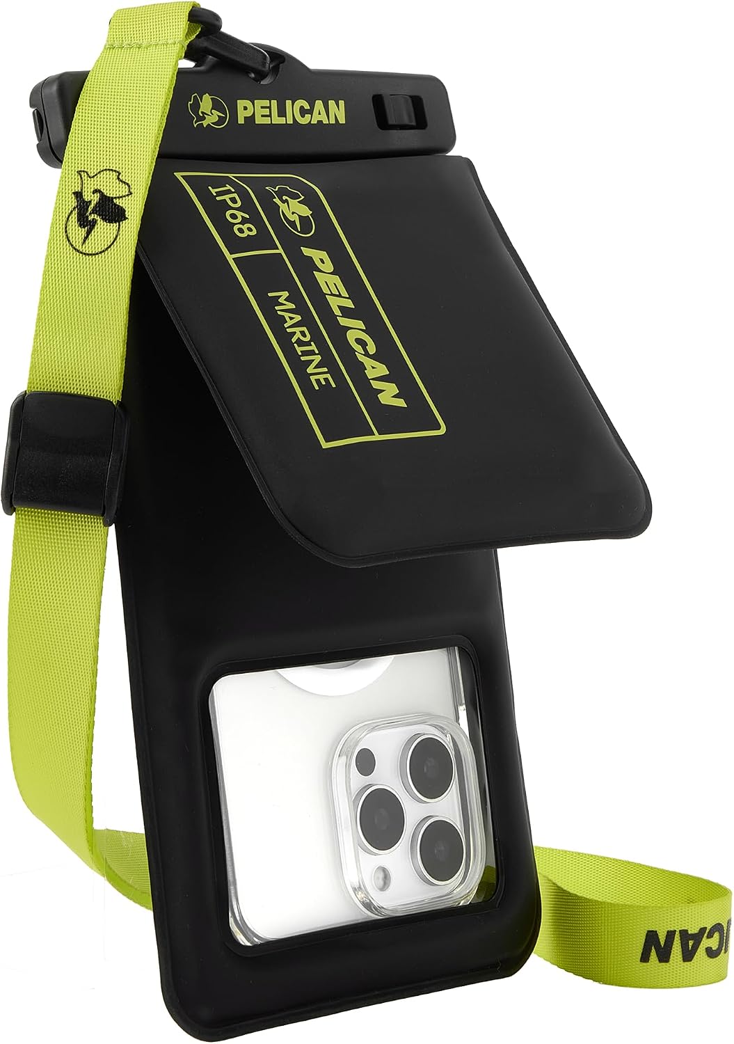 Pelican Marine Waterproof Phone Pouch w/Storage Pocket -Black/Hi-Vis Yellow | Large Touchscreen IP68 Floating Waterproof Phone Case w/Detachable Lanyard - Fits All Phones - Beach Cruise Travel Essentials