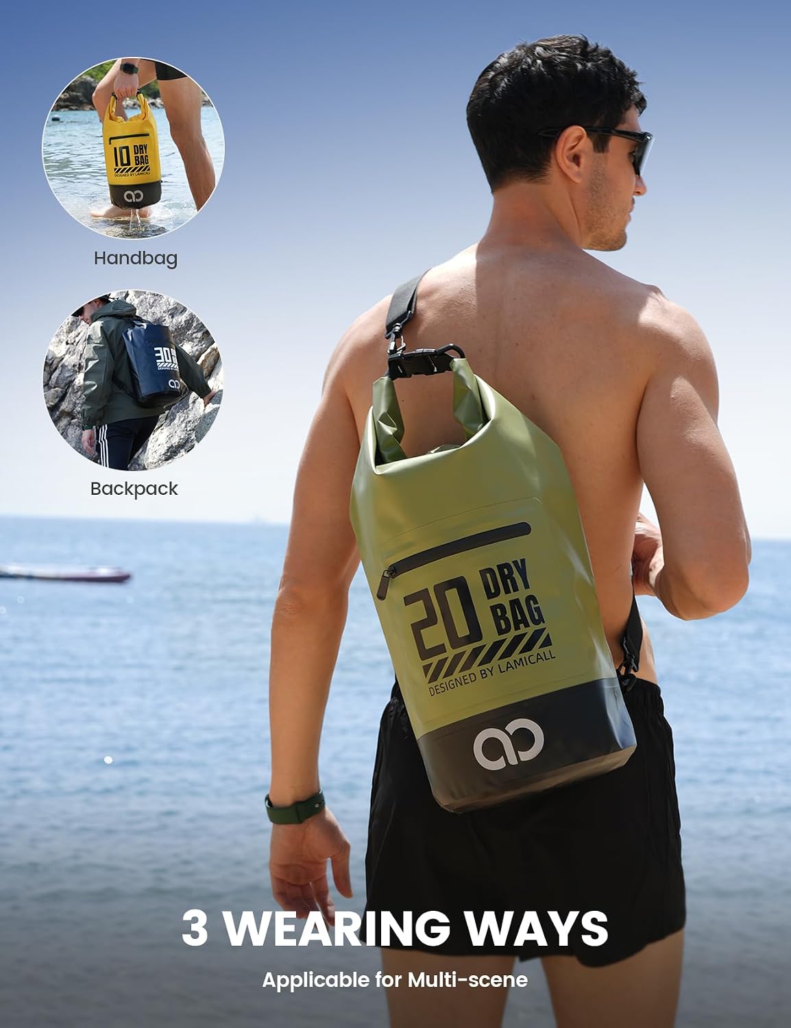 Lamicall Waterproof Dry Bag with Phone Pouch - 5L/10L/20L/30L/40L Floating Roll Top Backpack for Kayaking Boating Beach Camping Fishing - Heavy Duty 500D PVC Marine Dry Sack for Men, Women, Green 10L - Image 5