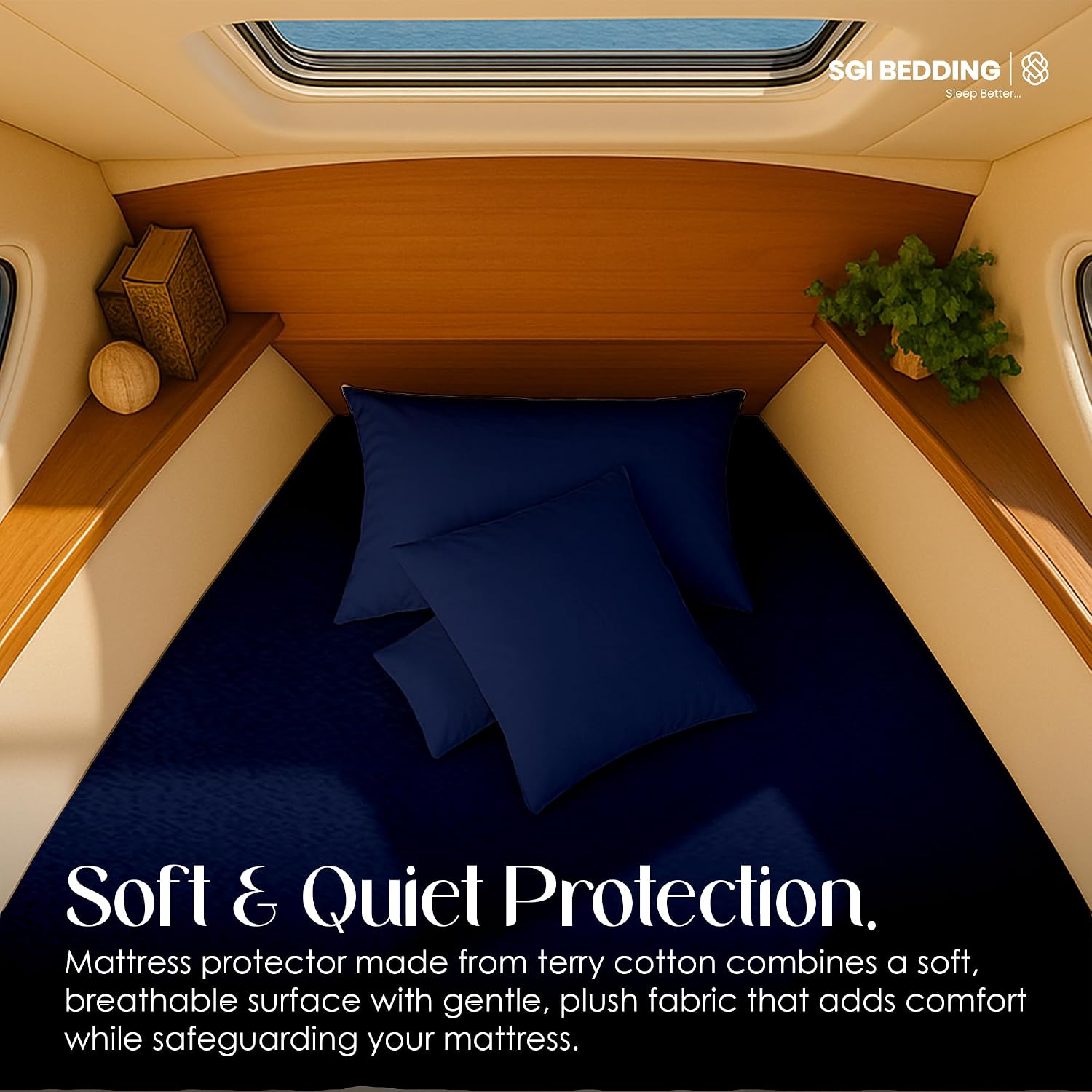 SGI Bedding Waterproof XL V Berth Mattress Protector 102" Head x 82" Length x 30" Foot – 15" Deep Pocket, 360° Fitted Style Mattress Pad Cover, Soft Noiseless & Breathable Cover for Boat – Navy Blue - Image 7