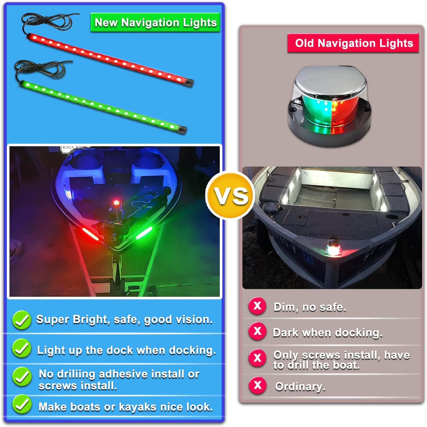 Boat LED Boat Navigation Light, Red and Green Marine Navigation Lights for Boats led, Boat Bow Lights for Night Fishing Night Boating, Nav Light for Bass Boats, Pontoon, Jon Boats - Image 2