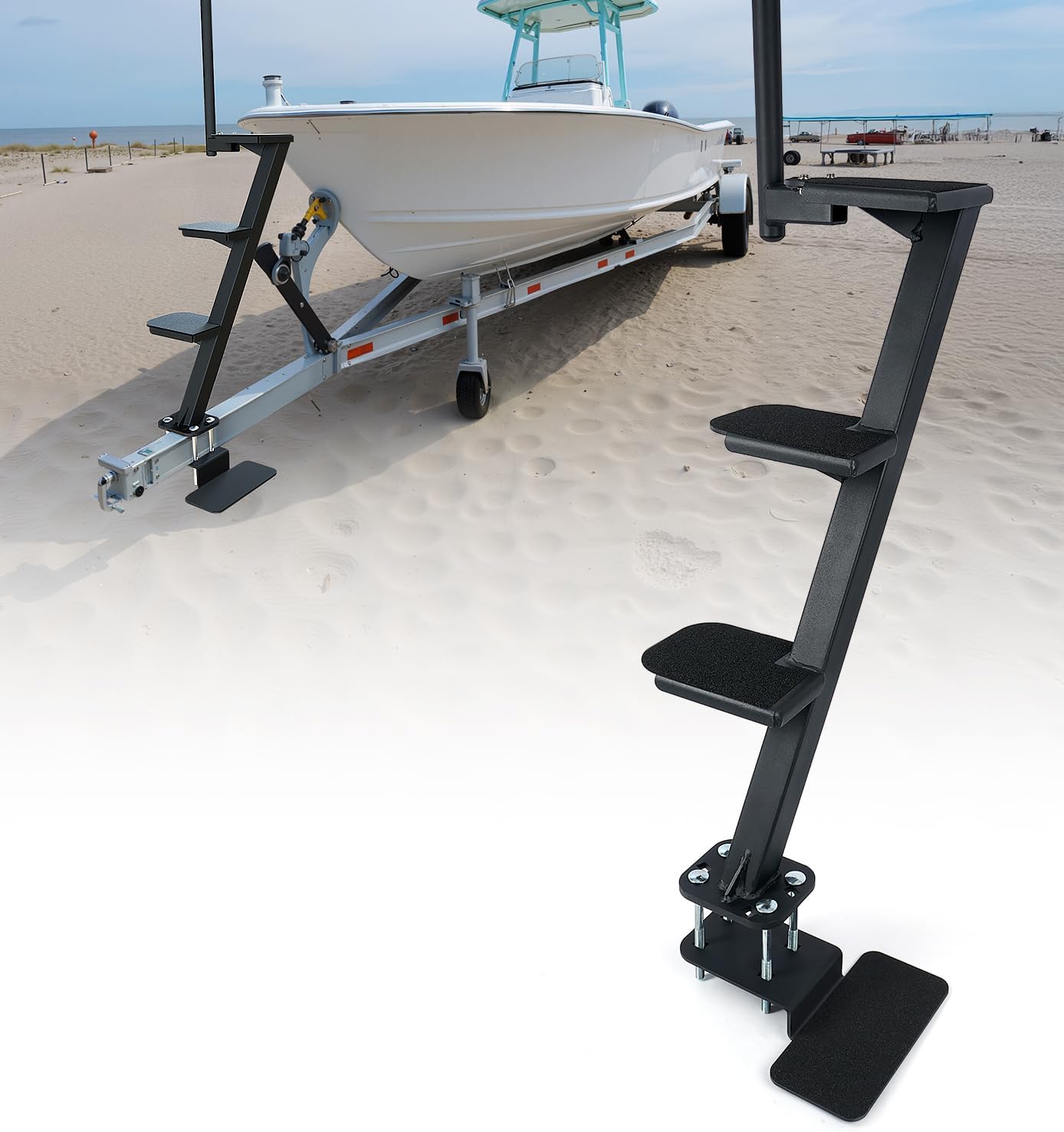 Boat Trailer Steps, Heavy-Duty Trailer Tongue Steps with Safety Grab Handle, Fits 3" x 3" & 3" x 5", 450lbs Capacity (4 Step, Standard Tread)