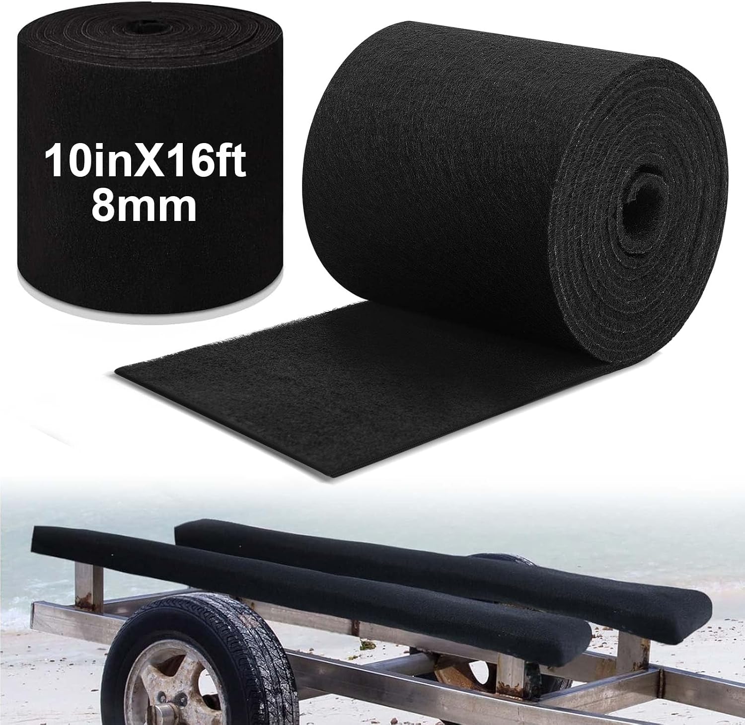 Timgle Boat Trailer Bunk Carpet, Marine Grade Carpet 8/10/12/16/20/24 Inch for Pontoon, Trailer Bunk, Padding, Guides Accessories Replacement, Runner for Outdoor(Black,10 in X 16 ft,8mm Thick)