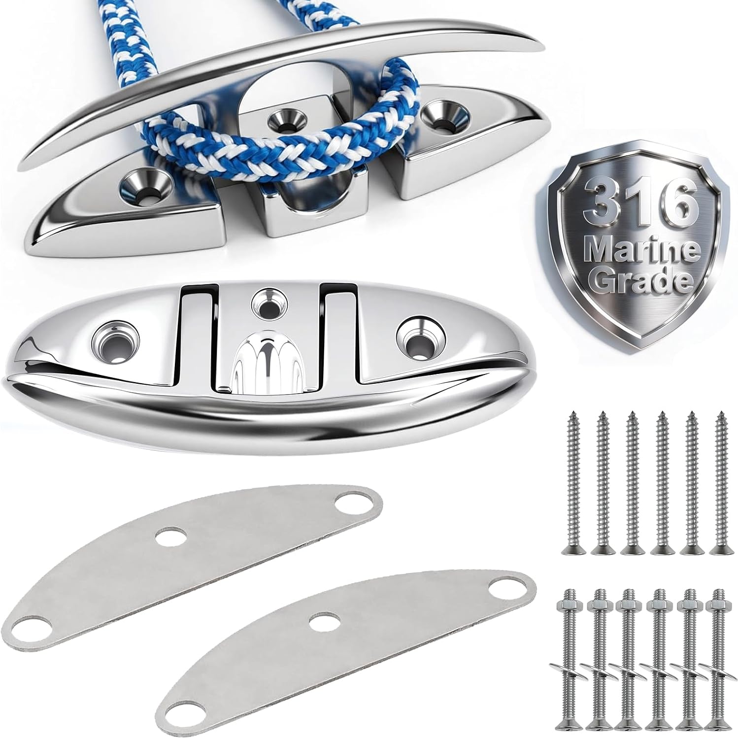 5" 6" Folding Boat Cleats Marine Grade 316 Stainless Steel Flip up Boat Dock Cleats Rope Cleat with Backing Plates for Deck, Kayak Yacht