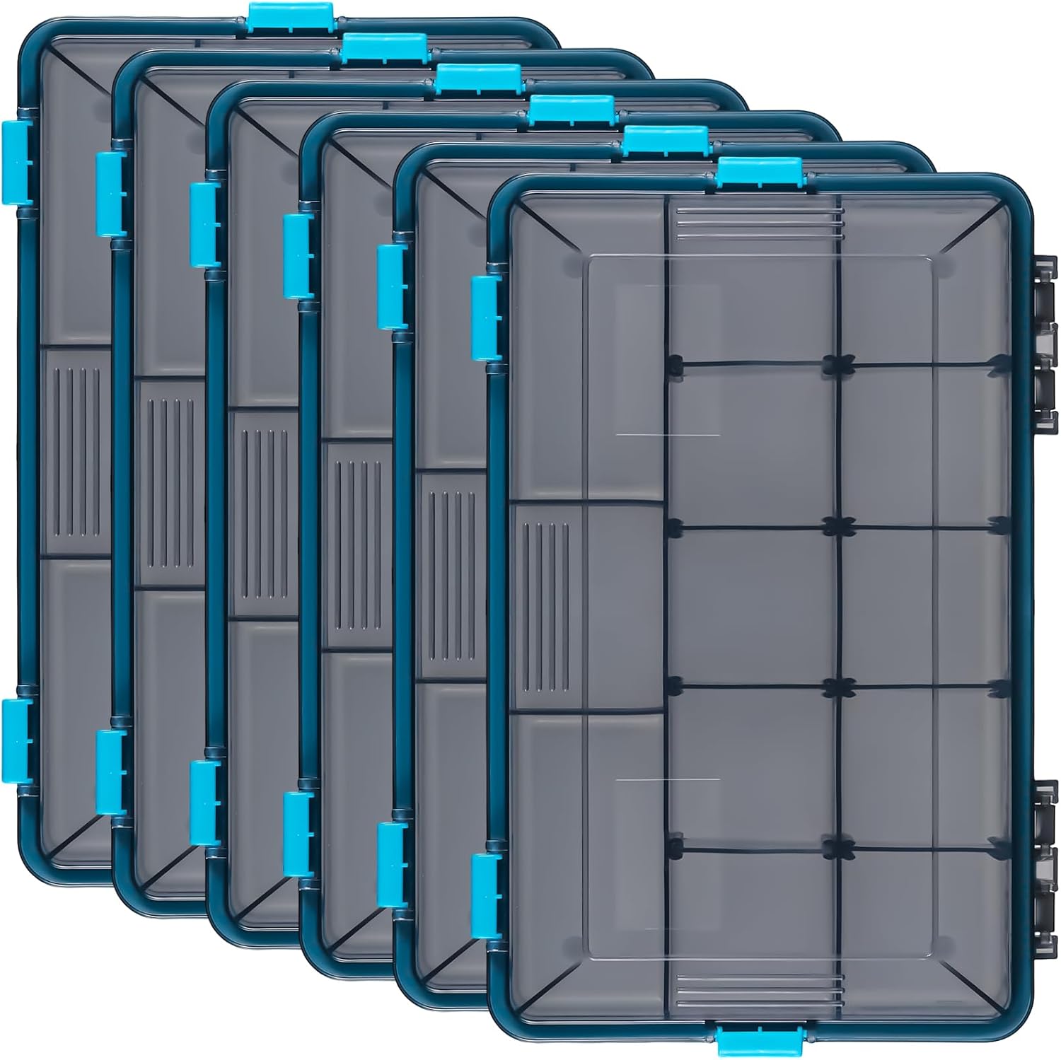 Wonderjune 6 Pack Fishing Tackle Boxes Waterproof 3600 and 3700 Tackle Trays with Removable Dividers Plastic Storage Organizer Bait Vault Camouflage Box for Freshwater Saltwater (Blue,3600)