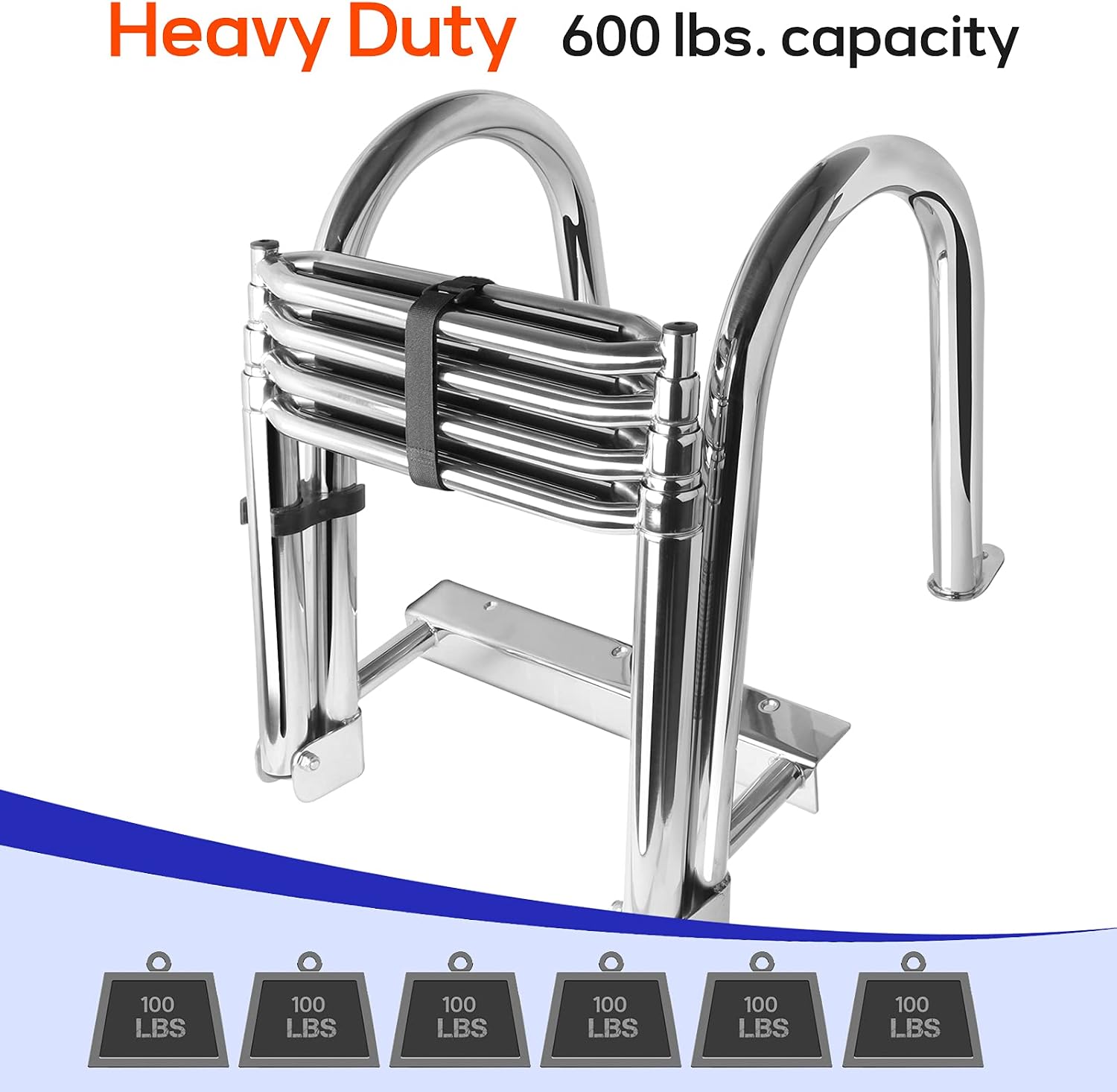 4 Step Pontoon Boat Ladder, 316 Stainless Steel Folding Telescoping Ladder Rear Entry Inboard Ladders All Welded Reinforce Heavy Duty Max.Load 600 Pound with Wide Steps & Safe Handrails - Image 3