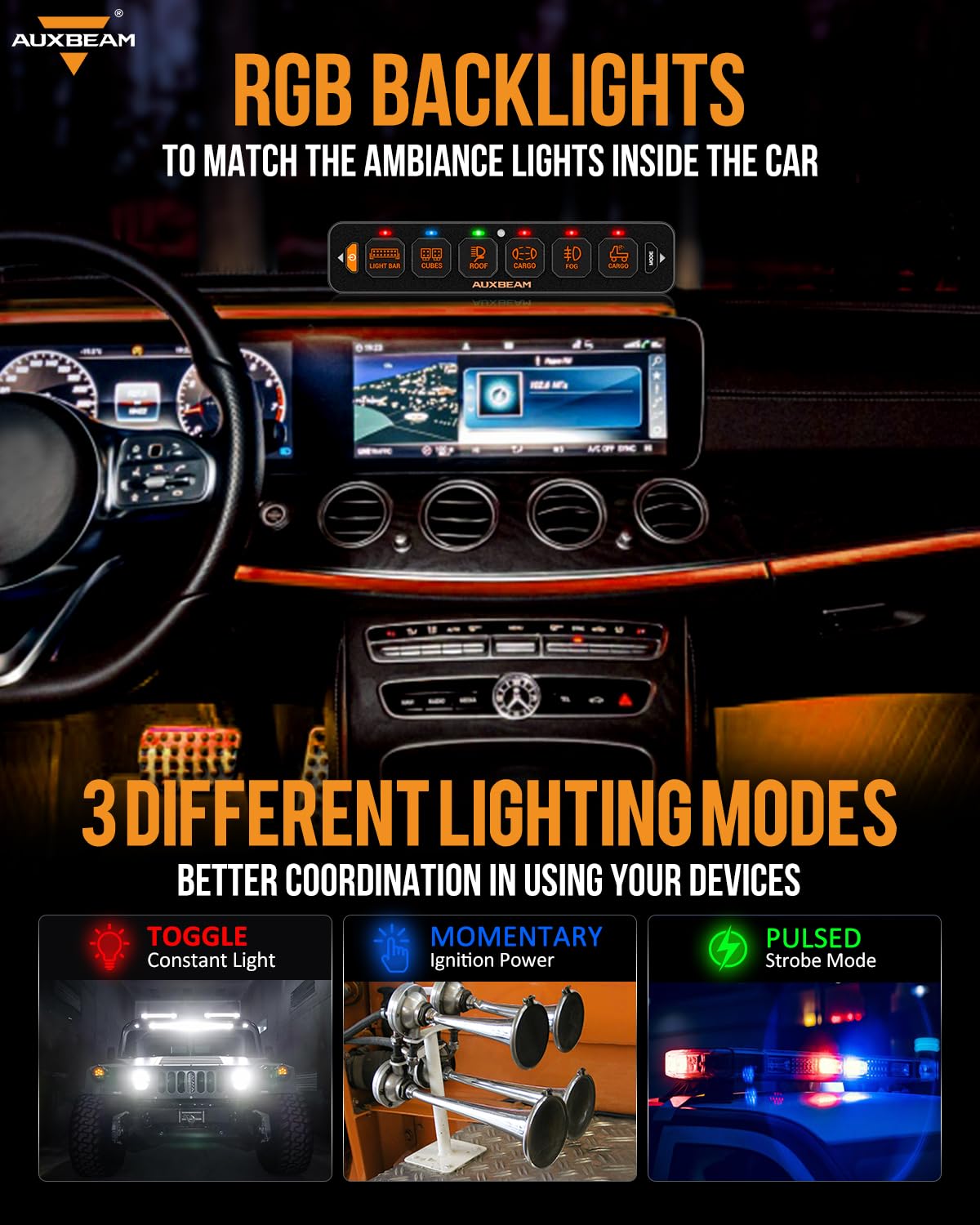 Auxbeam 6 Gang Slim Switch Panel RGB AS-R60 Automatic Dimmable Switch Panel with Toggle Momentary Pulsed Off Backlight Unique Patented Design Control Panel for Truck Offroad Boat, 3-Year Warranty - Image 3