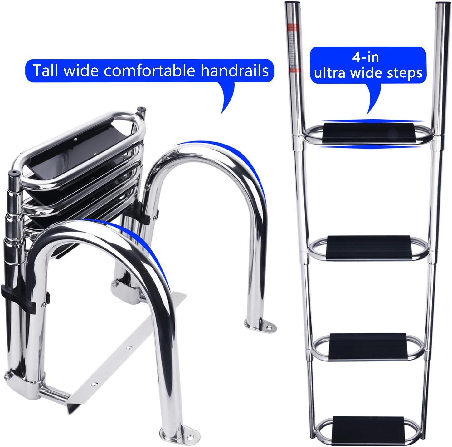 Heavy Duty Pontoon Boat Ladder, 316 Stainless Steel 4 Step Folding Ladder | Telescoping, Rear Entry Inboard, All Welded Reinforce, Wide Steps, Strong Handrails,Inboard Ladder, Dock Swim Deck Ladder - Image 5
