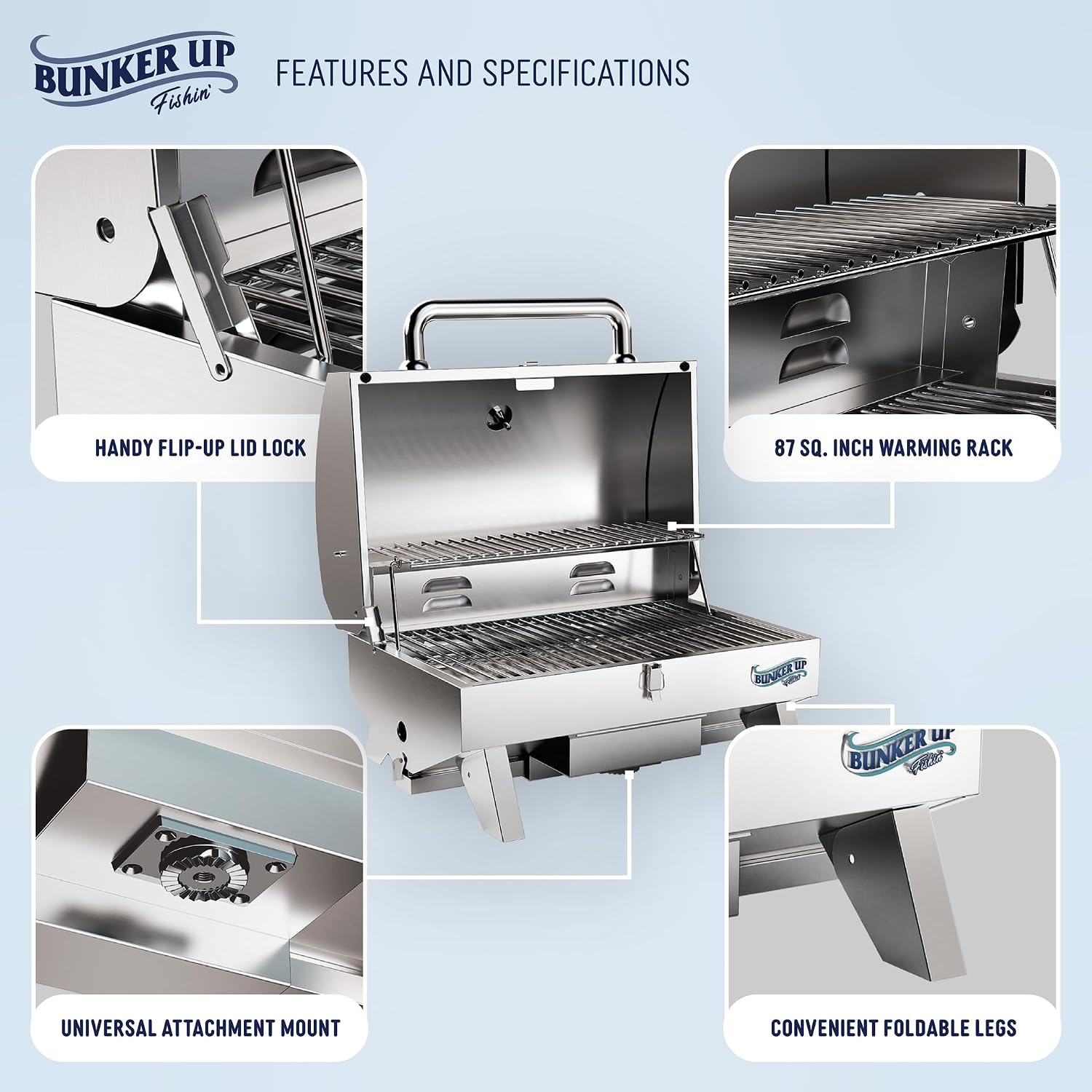 Bunker Up Fishin Stainless Steel Boat Grill with Pontoon Railing Mount - Fits 1 1/4″ Square Rail - Great for Boating and Camping, 12000 BTU, 277 sq.in Grilling Space and 87 sq.in Warming Rack - Image 4