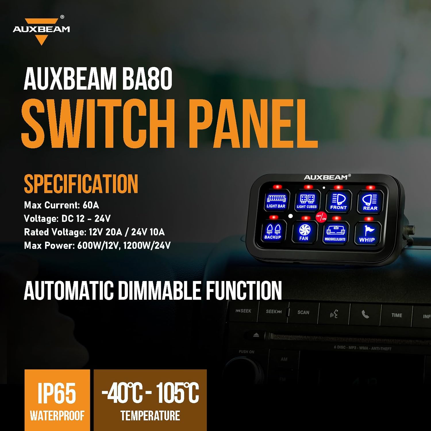 Auxbeam 8 Gang Switch Panel BA80 Automatic Dimmable LED Touch Control Panel Box Electronic Relay System Car Touch Switch Box Universal for Truck ATV UTV Boat Marine SUV Caravan -Blue, 3 Years Warranty - Image 8