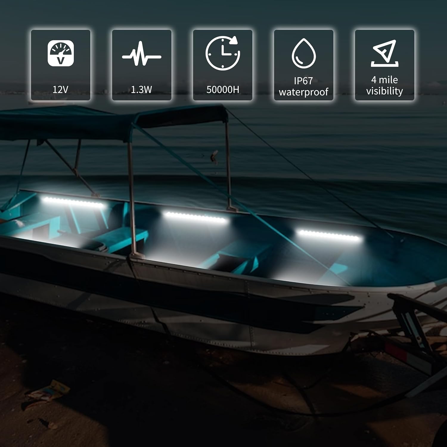 RVZONE LED Boat Interior Lights, Boat Led Strip Lights Marine Waterproof Marine Lighting Strip Night Fishing Lighting for Pontoon, Dinghy, Kayak, Yacht,4 Pcs, White - Image 6