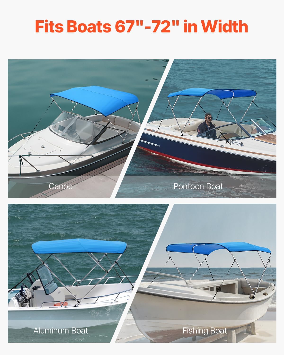 VEVOR 3 Bow Boat Bimini Tops, 600D Polyester Canopy with Aluminum Alloy Frame, Waterproof & Sun Shade Boat Awning Canopy with Storage Bag, 2 Support Poles, 4 Straps, 6'Lx(67"-72")Wx46"H, Pacific Blue - Image 6