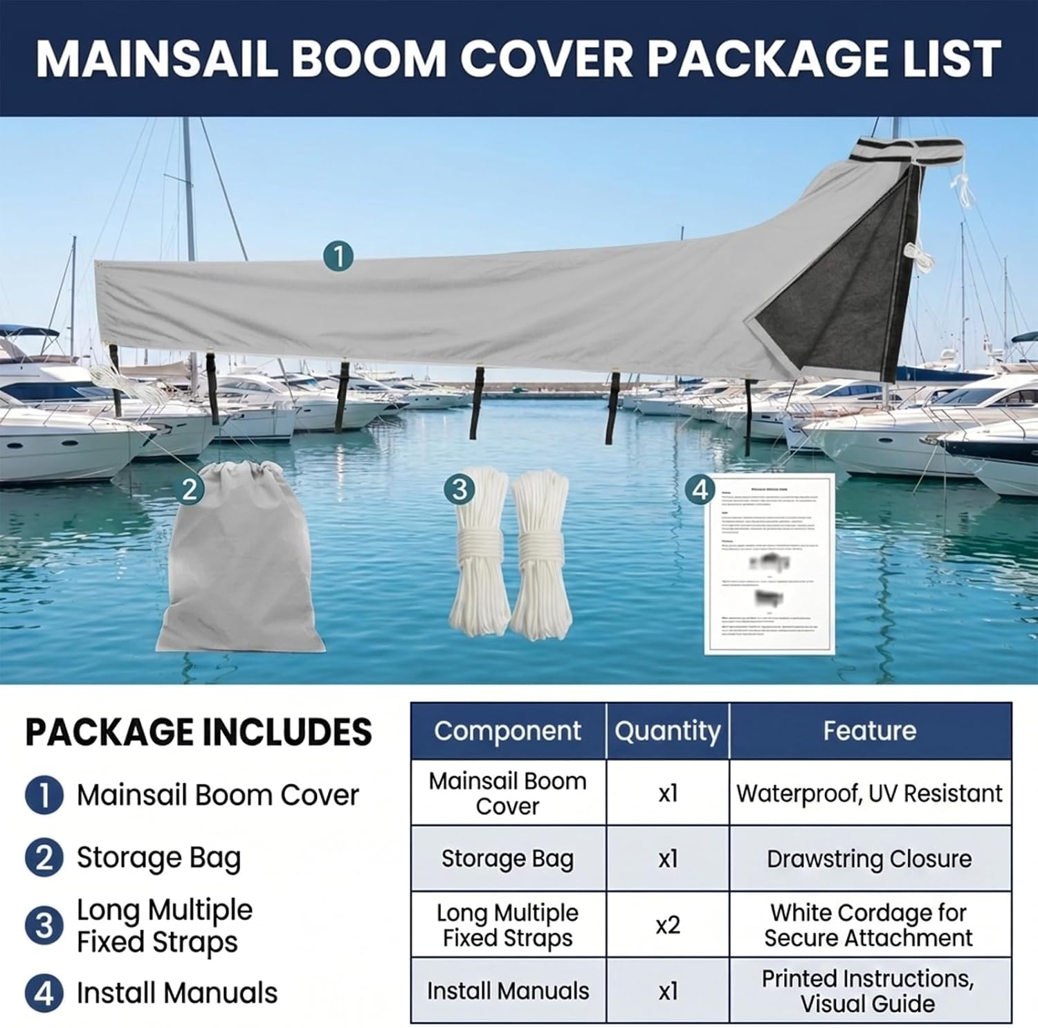 Mainsail Boom Cover for Sailboats, 1200D Waterproof UV-Resistant Sailboat Mainsail Cover, Waterproof, Heavy Duty Sailboat Boom Cover Fits 12-13 ft Boom, Gray - Image 6
