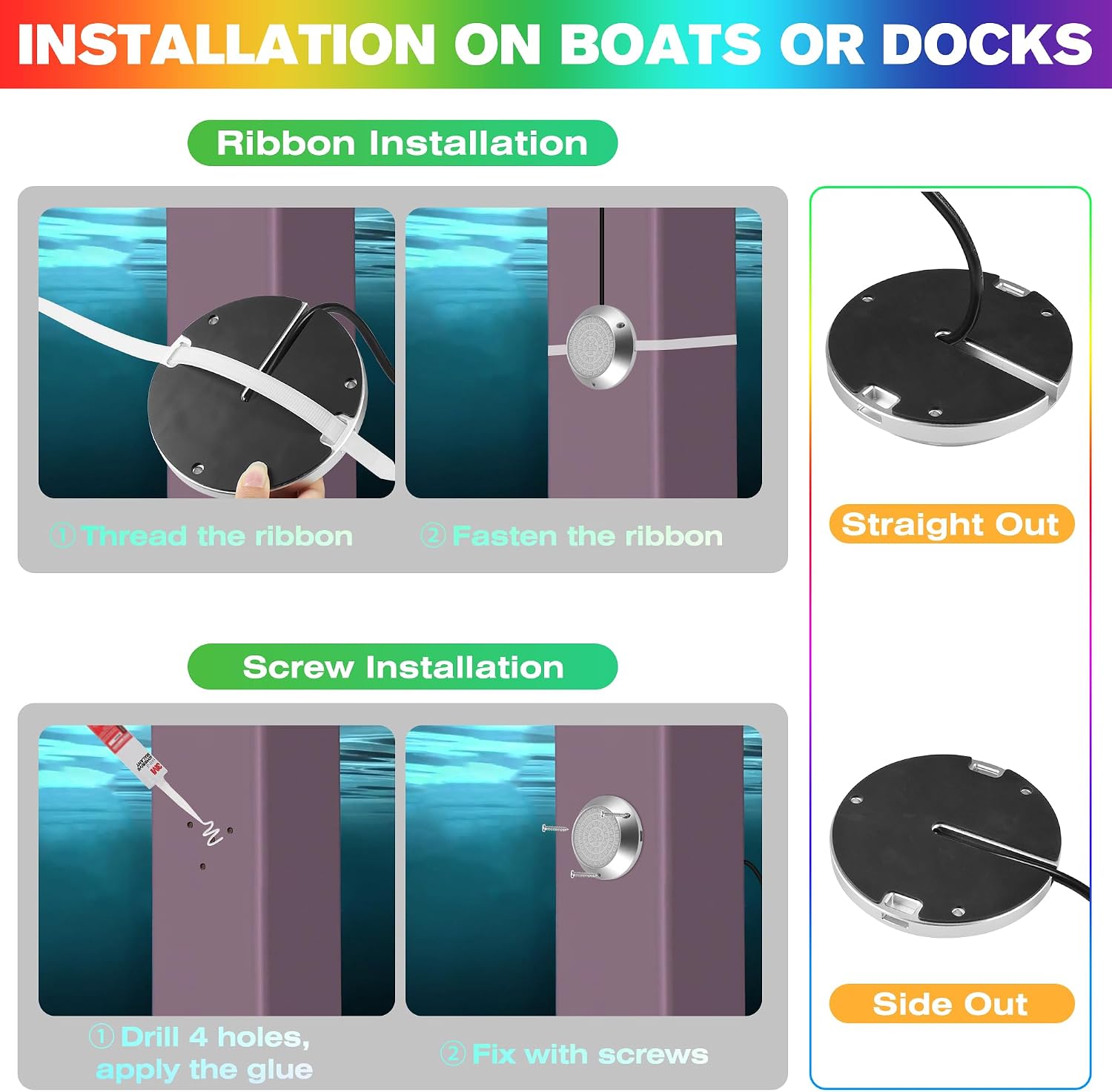 HUSUKU GT12 12000LM Underwater Boat Dock Lights RGB Marine Color Light Kit, 5IN 60LED 12V 120W IP68, All-Metal Body, Wireless Grouping & Control Auto-Sync, High-Powered for Yacht Boats Docking Transom - Image 6