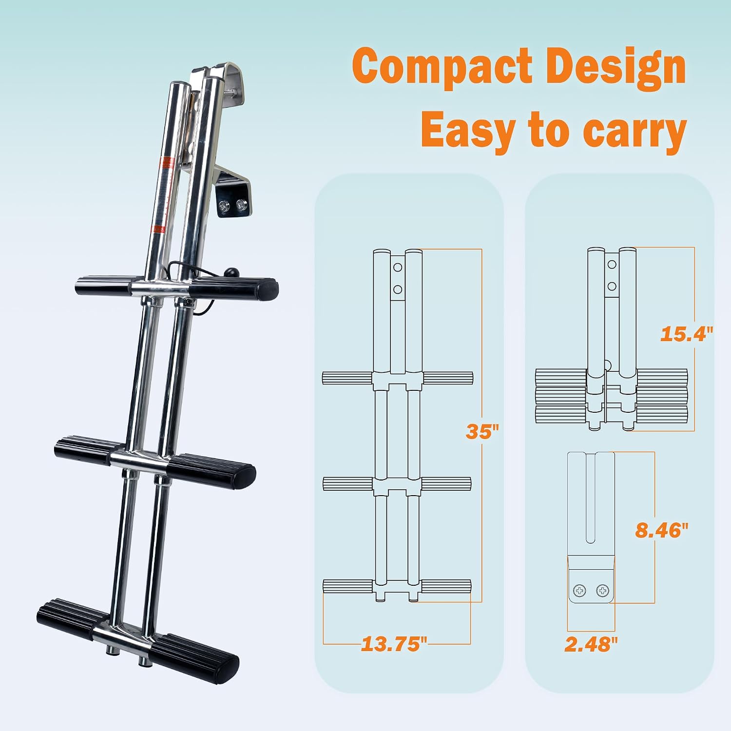 3 Step Boat Ladder, Stainless Steel Dive Boarding Ladders for Bass Fishing Boats, Heavy-Duty with Non-Slip Treads - Image 2