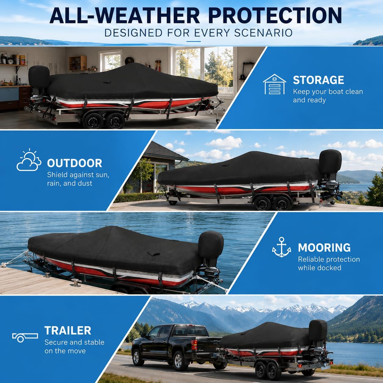 1200D Boat Cover 16-18.5ft with Motor Cover,Fit Bass,V-Hull,Black | Double thickened Corner,Fit V-Hull,Tri-Hull,Fish & Ski,Runabout Bowrider Boats,Waterproof, Heavy Duty,Hurricane Proof System - Image 6