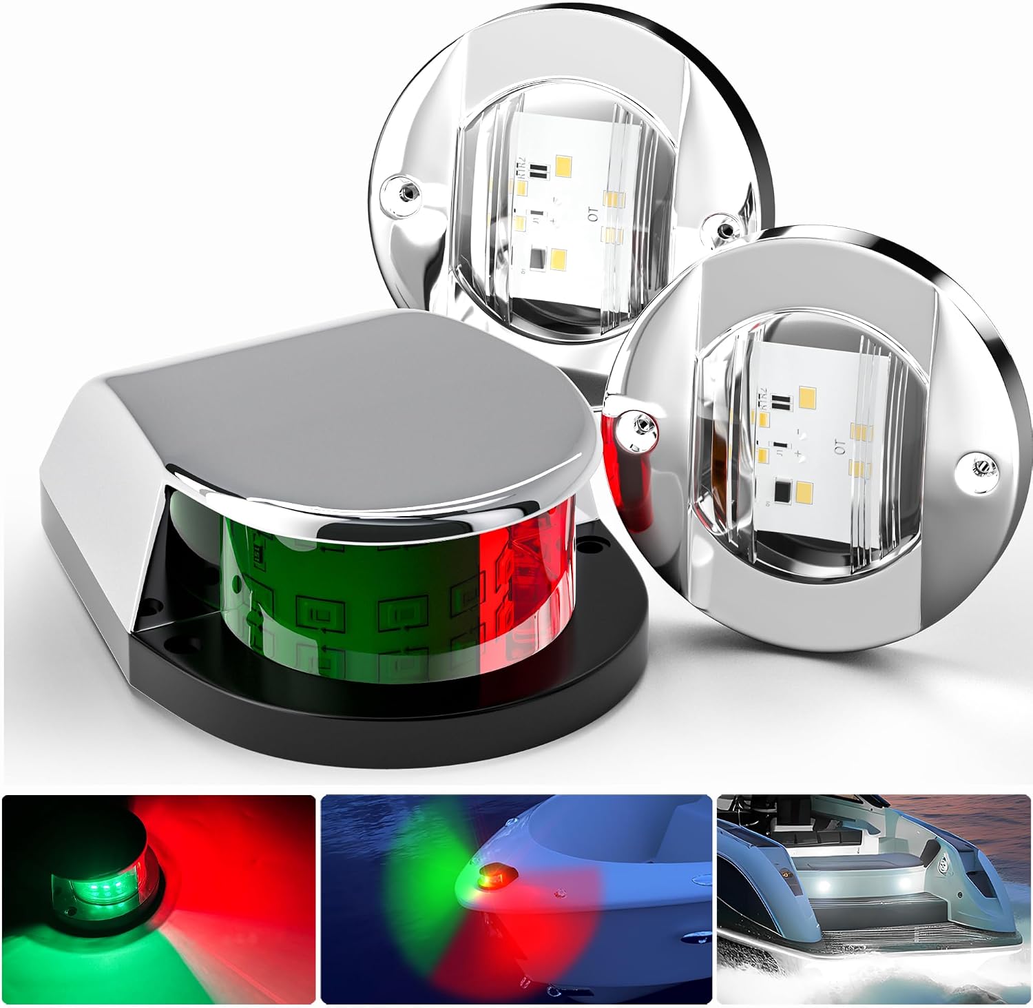 PSEQT Boat Navigation Lights LED Waterproof Marine Bow Stern Side Interior Deck Transom Lights w/Chrome bezels for Pontoon Fishing Small Bass Boat Yacht Kayak (1Pcs Red and Green, 2Pcs White)