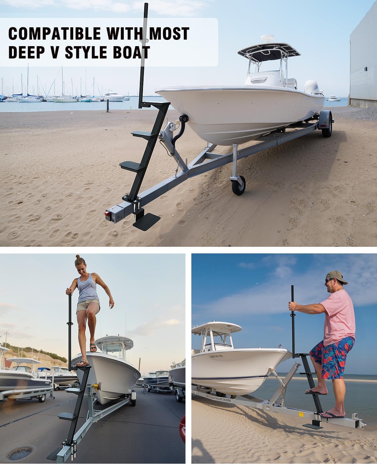 Boat Trailer Steps, Heavy-Duty Trailer Tongue Steps with Safety Grab Handle, Fits 3" x 3" & 3" x 5", 450lbs Capacity (4 Step, Standard Tread) - Image 8