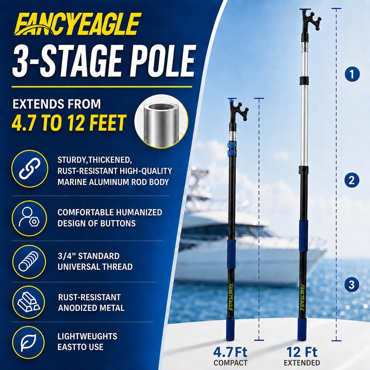Telescoping Boat Hook for Docking, Non-Slip Rubber Tip, 3-Stage Anodized Aluminum Pole, Floating, Lightweight & Durable, Scratch-Resistant & Rustproof, 3/4" Threaded End for Push Pull Boating - Image 3