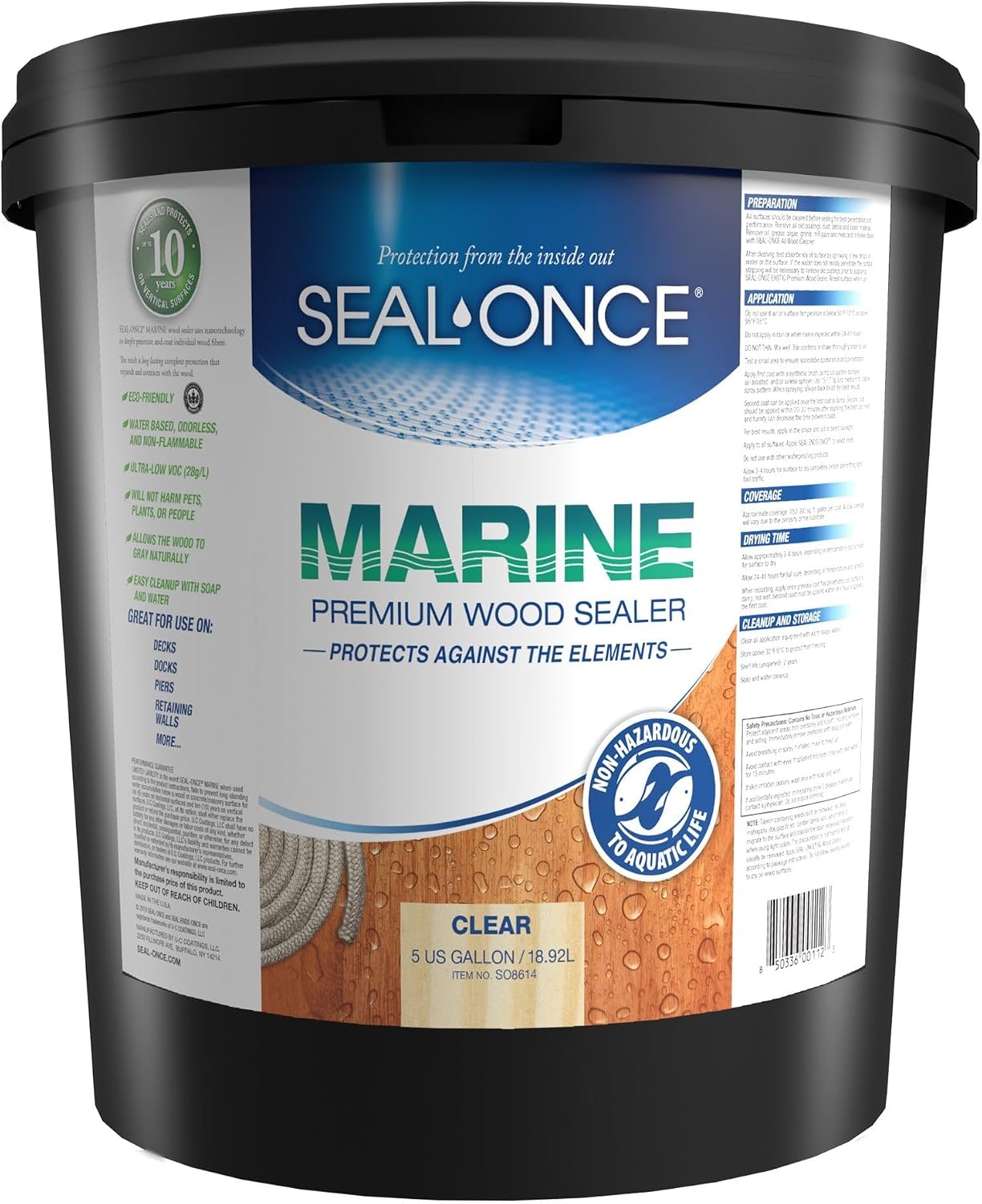 Seal-Once Marine Waterproof Wood Sealer and Stain, Clear, 5 Gallon | Premium Wood Sealer - Waterproof Sealant - Wood Stain and Sealer in One