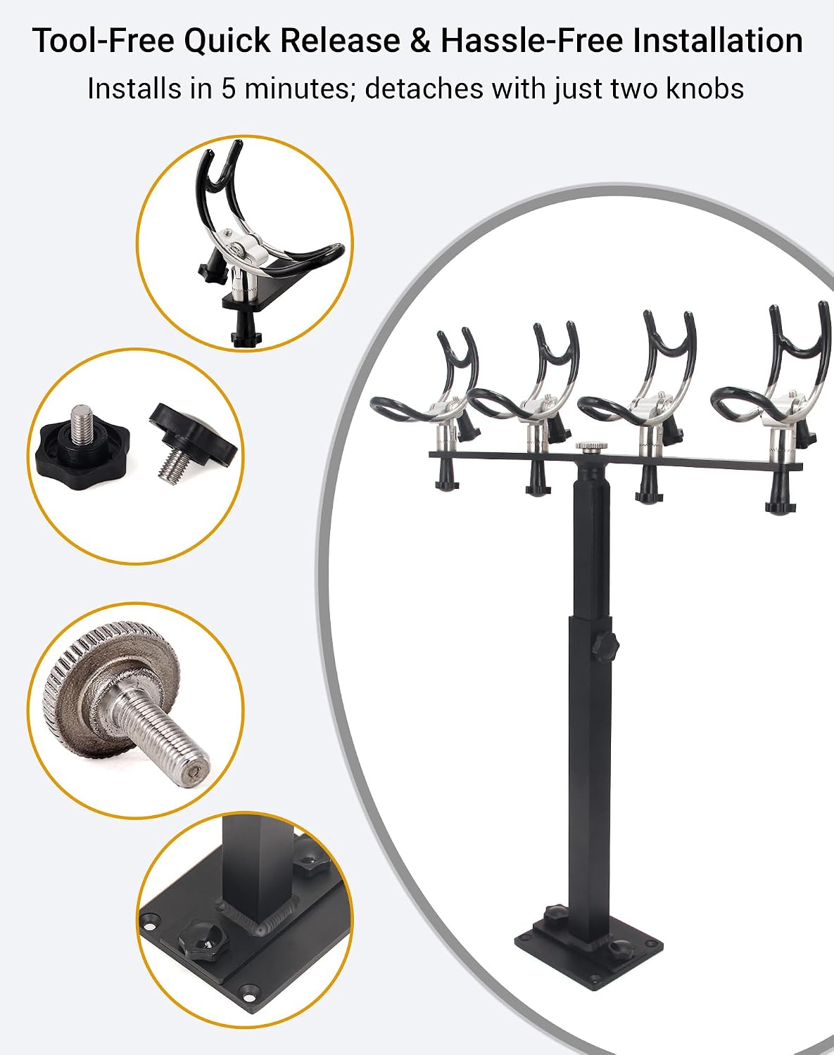 Premium Aluminum Boat Rod Holder - 360° Rotating Fishing Rack for 4 Rods, Adjustable Height (16-30 Inches), Saltwater/Freshwater Compatible with Quick-Release Anti-Trip Mount - Image 3