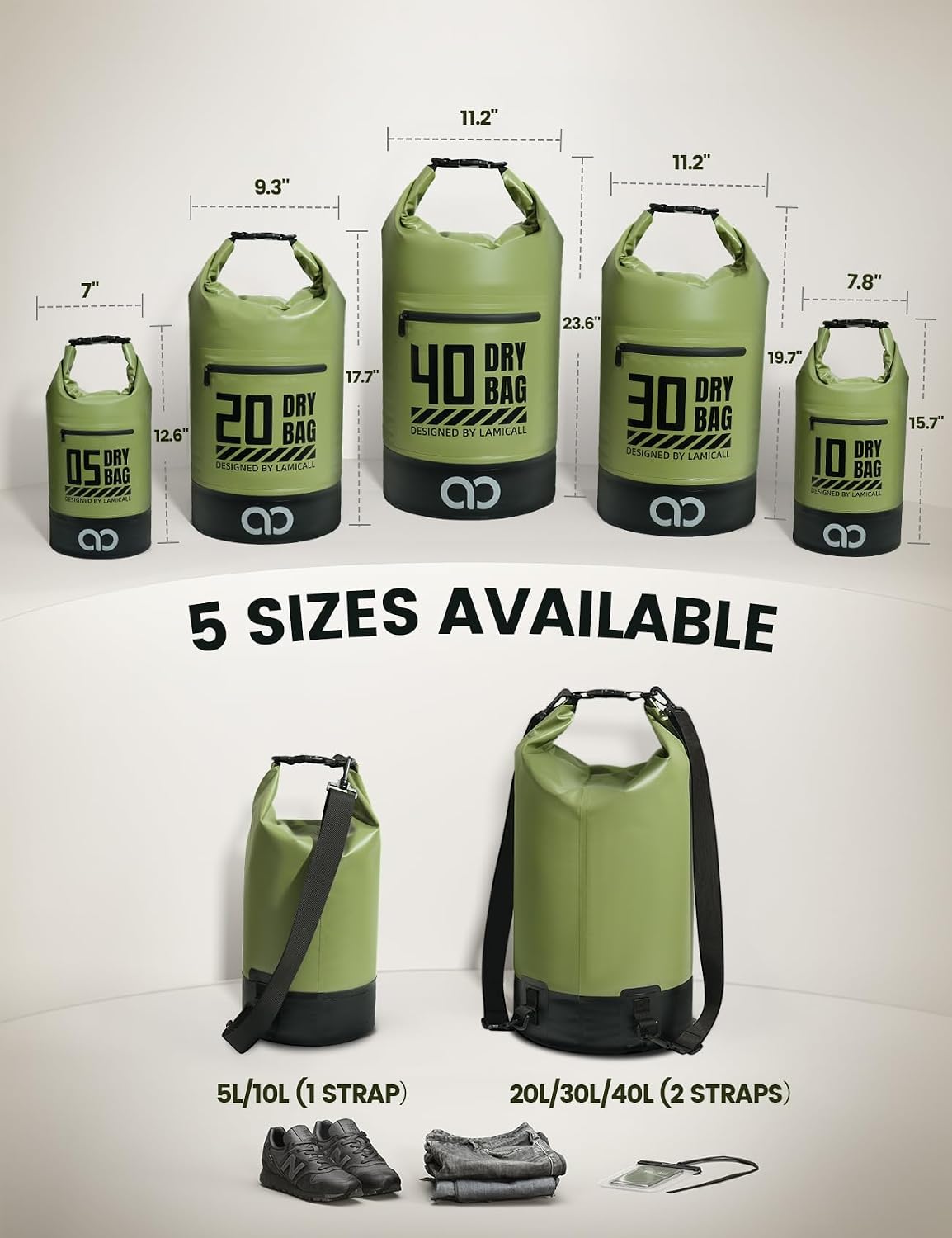 Lamicall Waterproof Dry Bag with Phone Pouch - 5L/10L/20L/30L/40L Floating Roll Top Backpack for Kayaking Boating Beach Camping Fishing - Heavy Duty 500D PVC Marine Dry Sack for Men, Women, Green 10L - Image 2