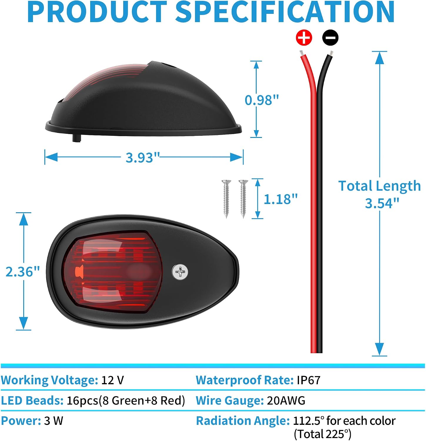 Obcursco Boat Navigation Lights, LED Red and Green Vertical Mount for Bow and Stern, IP67 Waterproof Marine Lights for Pontoon, Bass, and Jon Boats (Black) - Image 8