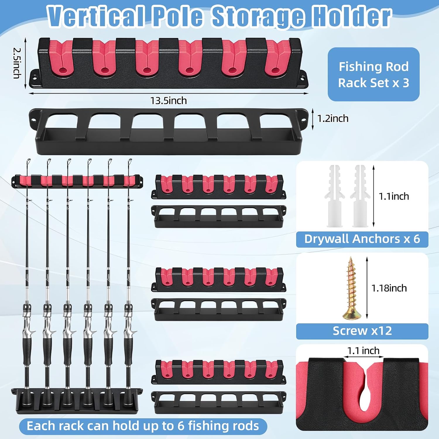 3 Set Fishing Rod Holders for 18 Garage Fishing Rod Rack Wall Mount Fish Pole Holders for Boat Room Vertical Horizontal Pole Storage Boat Accessories Gifts for Men (Vertical) - Image 2