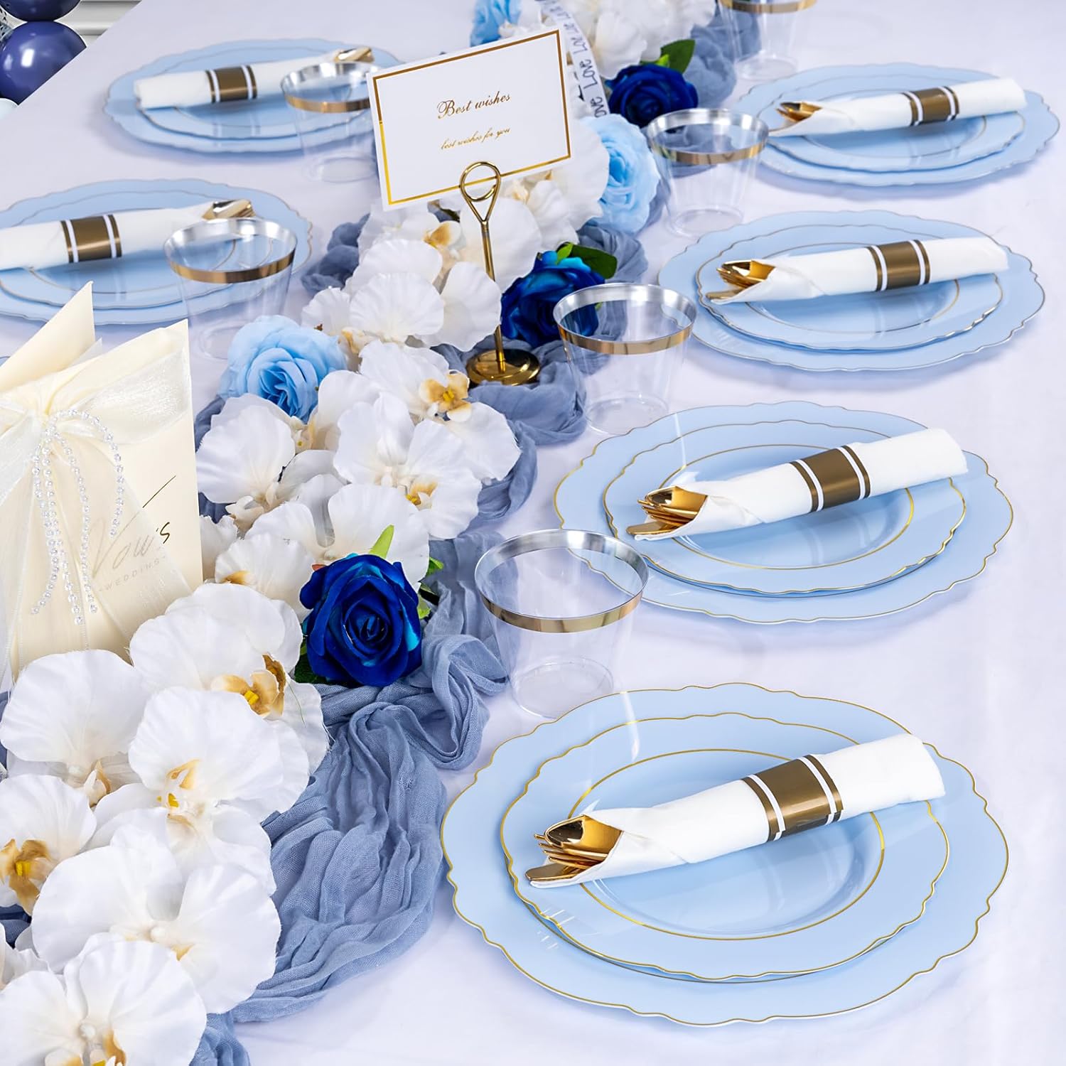 Liacere 350PCS Blue Plastic Plates - Disposable Blue and Gold Plates 50guest Baroque Plastic Dinnerware include 100Plates, 50Pack Pre Rolled Napkins with Silverware 50Cups for Wedding&Party - Image 2