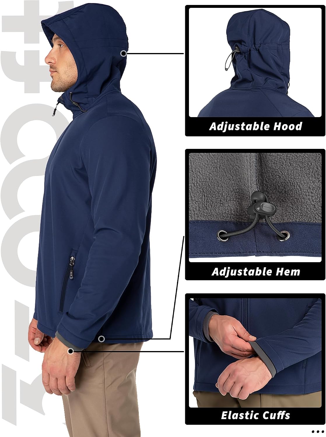 33,000ft Men's Hooded Softshell Jacket Waterproof Lightweight Insulated Windbreaker Fleece Lined Rain Shell Jacket - Image 5