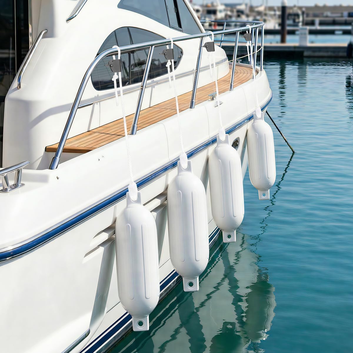 White Boat Fenders for Docking 5.5."/6.5"/8.5" Inflatable Ribbed Marine Boat Fender with Fender Lines 6.5ft, Stainless Steel Fender Hanger Clips - Image 8