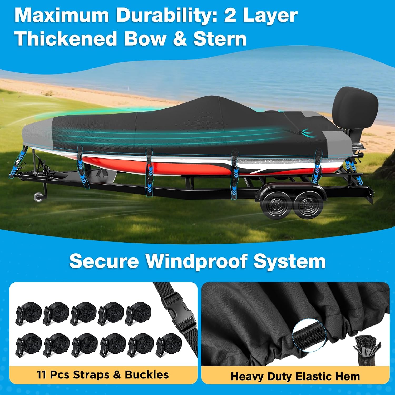 1200D Boat Cover 16-18.5ft with Motor Cover,Fit Bass,V-Hull,Black | Double thickened Corner,Fit V-Hull,Tri-Hull,Fish & Ski,Runabout Bowrider Boats,Waterproof, Heavy Duty,Hurricane Proof System - Image 3