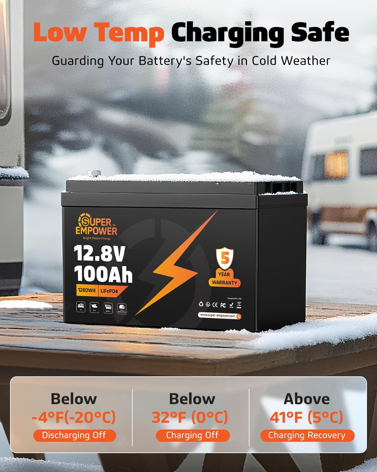 12V 100Ah LiFePO4 Lithium Battery- BCI Group 31, Deep Cycle RV LiFePO4 Battery with Low-Temp Protection, 100A BMS, 1280Wh, Max.15000 Cycles, 10-Year Lifespan for RV, Solar, Trolling Motor, Marine - Image 5