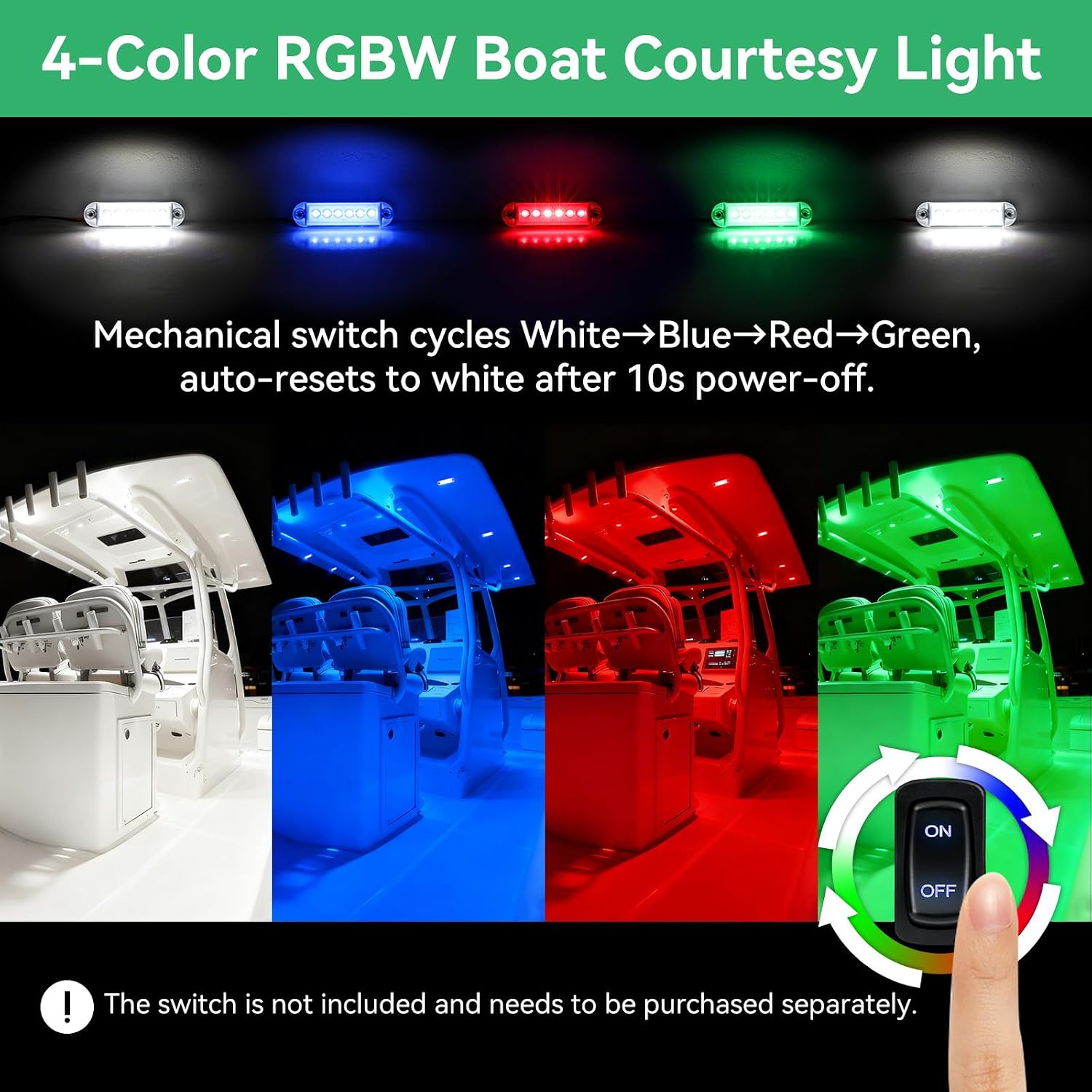 RGBW Boat LED Courtesy Light 12V 4PCS, 4 Inches Marine Courtesy Light Strip, IP67 Waterproof Boat Interior Cabin Lighting for Pontoon Sailboat Bass Yacht Kayak - Image 2