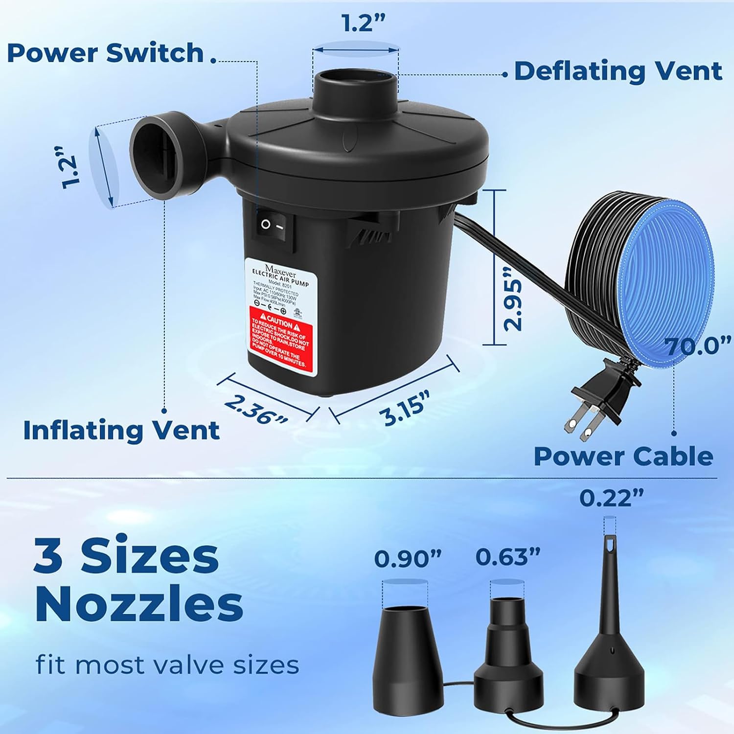 Quick-Fill Electric Air Pump with 3 Nozzles | 2 in 1 Inflator Deflator, Inflatables Pool Float Toys, Indoor Use & Outdoor Camping, AC 110V-120V - Image 4