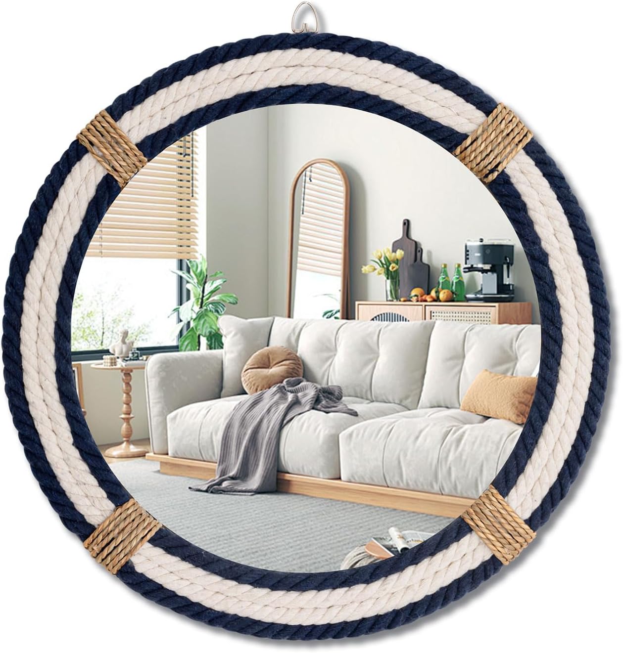 Vercraft Nautical Coastal Mirror 16" Wall Decor with Rope Wrapped Trim and Hanging Loop Round Circle Nursery Mirror Nautical Boho Rustic Decorative for Living Room, Bedroom Blue and White