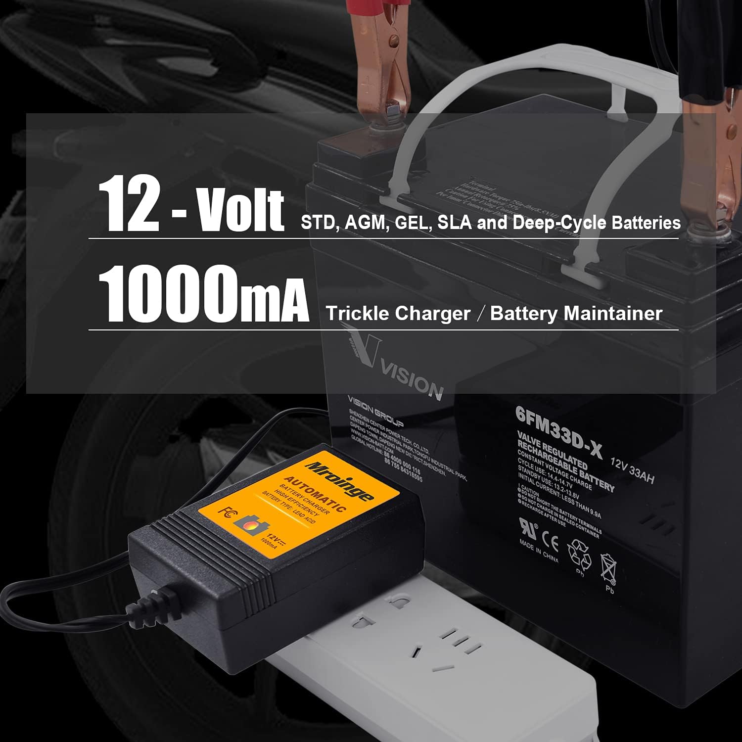 Trickle Charger 12V 1000mA Smart Battery Charger & Maintainer and Automatic Float Charger for Motorcycle, ATV, Lawnmowers and More - Image 2