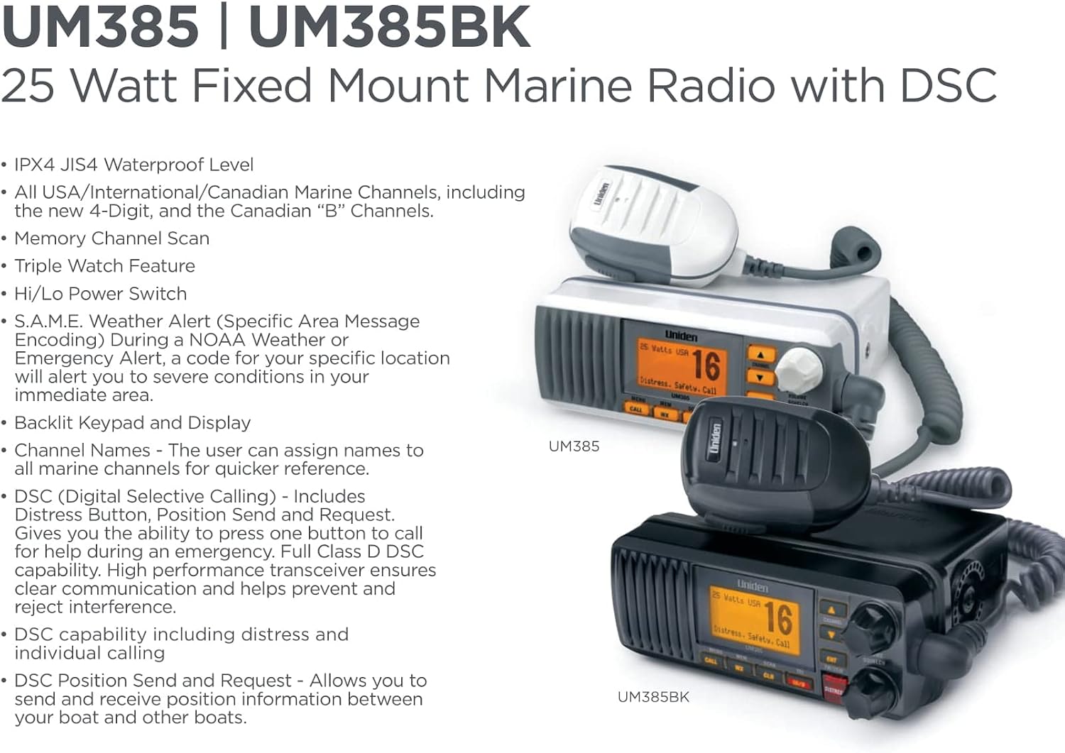 Uniden UM385 25 Watt Fixed Mount Marine Vhf Radio, Waterproof IPX4 with Triple Watch, Dsc, Emergency/Noaa Weather Alert, All Usa/International/Canadian Marine Channels, Memory Channel Scan, White - Image 5